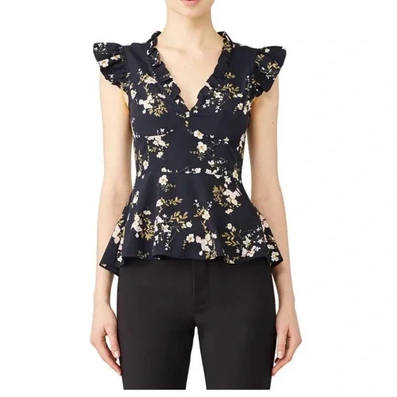 Tome NYC Lilian Navy Floral Flutter Sleeve V Neck Top Blouse - Picture 2 of 9